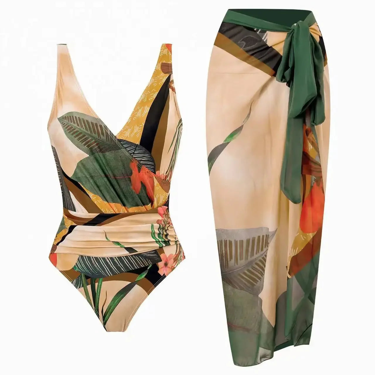 Conservative Bikini One-Piece Swimsuit with Beach Skirt Shantung Wrap for Hot Springs Women's Fashion Swimming Costume
