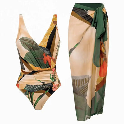 Conservative Bikini One-Piece Swimsuit with Beach Skirt Shantung Wrap for Hot Springs Women's Fashion Swimming Costume