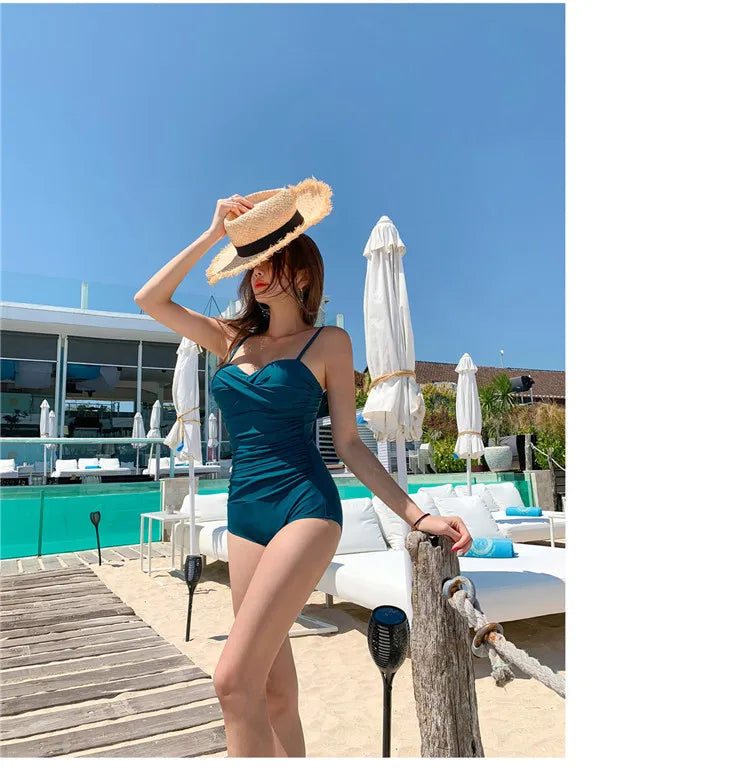 2024 Women One Piece Swimsuit Korean Red Beach Wear Tummy Control Bathing Suit Female Backless Monokini Padded Swimming Pool