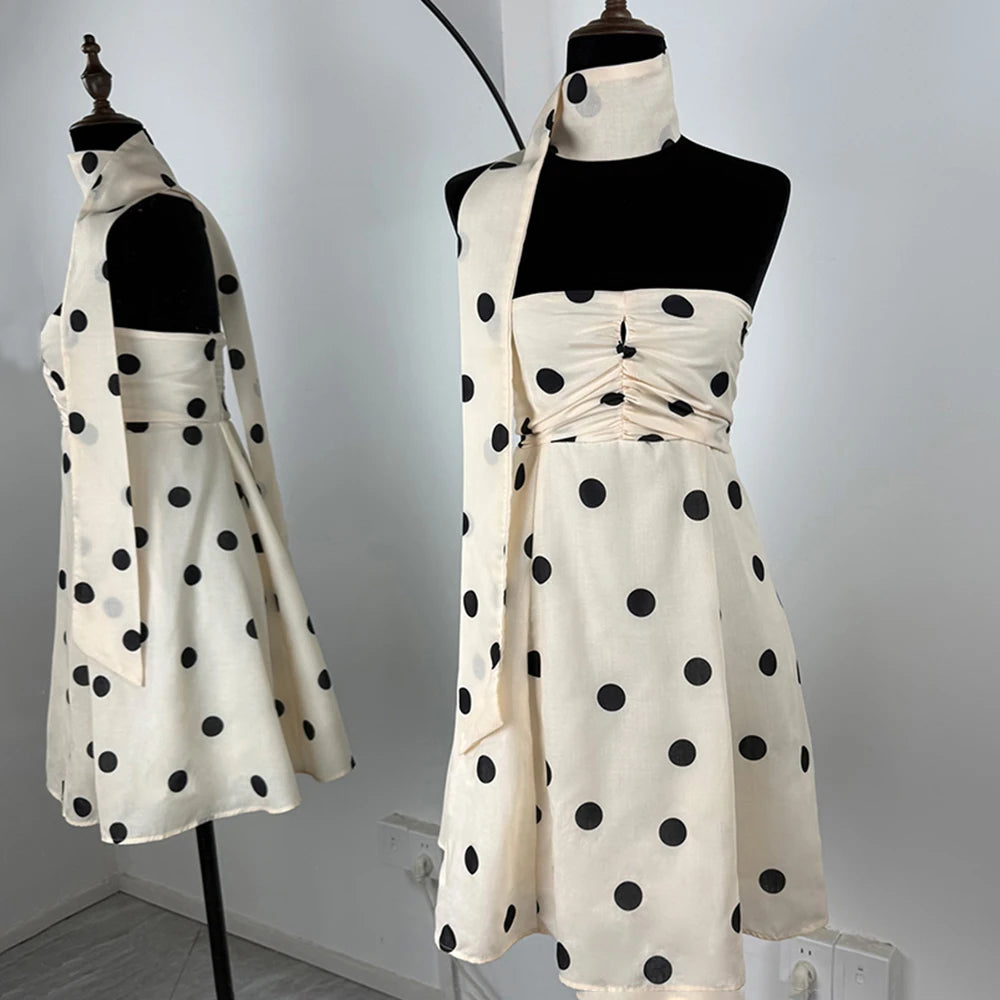 Ticketsx Polka Dot Dress Women's Sexy Scarf One Shoulder Backless Pleated Strapless Mini Dress Female Summer Luxury Loose Dress