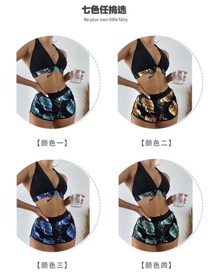 Women 2025 New Bikinis 6 Colors Sexy Halter Bikini 3 Piece Set Leafs Print High Waisted Swimsuit Beach Bathing Suit Size S-XXL