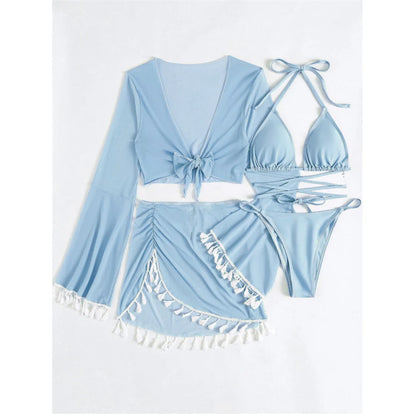 S - XL With Tassel Skirt Long Sleeve Bikini Women Swimwear Female Swimsuit Four-pieces Bikini set Bather Bathing Suit Swim V7060