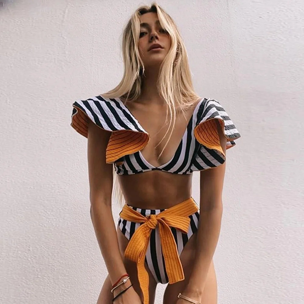 2025 Print Bikini Women Swimwear Push Up Swimsuit High Waist Biquini Halter Backless Bathing Suit Ruffle Beach Wear Summer