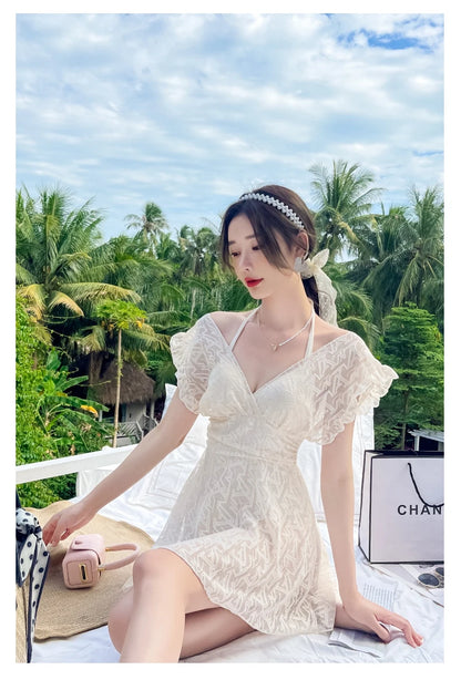 Ele Lace One-Piece Swimsuit Women's High Waist Brief Svel Slimming Thermal Bathing Suit Casual  Color Swimwear