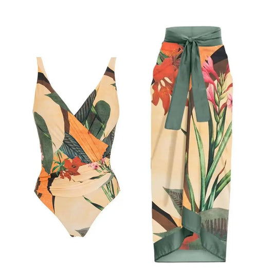 Conservative Bikini One-Piece Swimsuit with Beach Skirt Shantung Wrap for Hot Springs Women's Fashion Swimming Costume