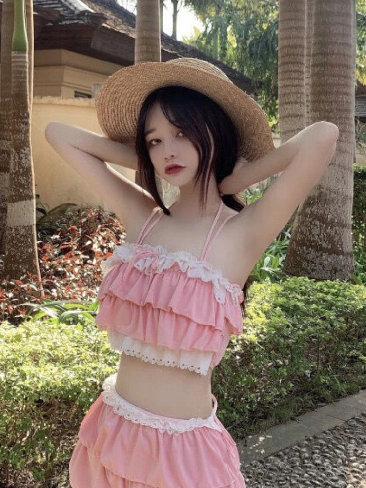 Bikini Sets Women Kawaii Girlish Design Tender Teens Slim Chic Beach Simple Feminino Daily Ruffles Japan Style Cool Sexy