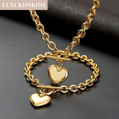 LUXUKISSKIDS Fashion Cubic Love Heart Minimalist Jewelry Set Necklace Earrings Bracelets Stainless Steel Women/Girls Accesories