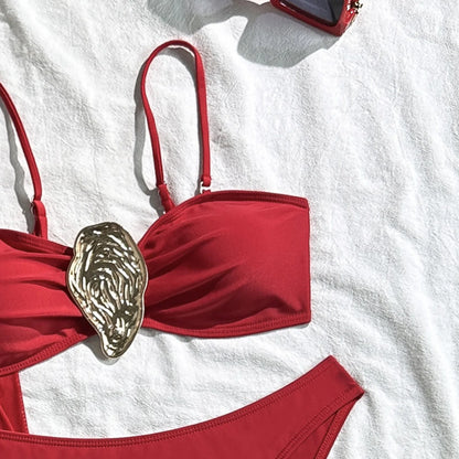 Vintage White Swimsuit Women Metal Oyster Buckle Push Up Mesh Long Skirt 3 Piece Bikini Set 2025 Holiday Bathing Suit Swimwear