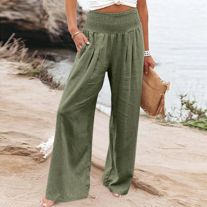 Fashion Cotton Linen Pants Women's Elastic High Waist Loose Wide Leg Pants With Pockets Solid Color Pleated Yoga Sports Pants
