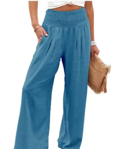 Women's casual pants with drawstring, mid waist, beach wide leg, spring and summer, European and American pants