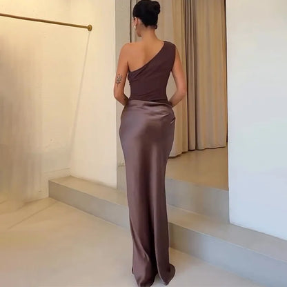 Satin Patchwork One-Shoulder Sexy Maxi Dress Women Sleeveless Ruched Bodycon Dress 2025 New Elegant Wedding Evening Party Robes