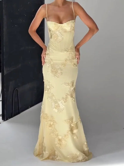 Women Elegant Printed Long Dress Chic Back Lace Up Slim Fish Tail Pendulum Sling Robes 2025 New Lady Party Club Evening Gowms