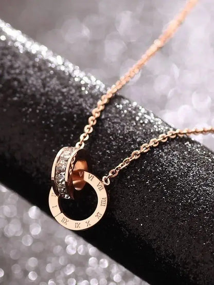 L91 new titanium steel rose gold square diamond Roman numeral double-buckle short necklace