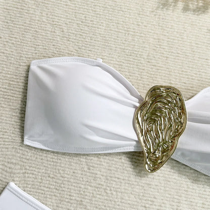 Vintage White Swimsuit Women Metal Oyster Buckle Push Up Mesh Long Skirt 3 Piece Bikini Set 2025 Holiday Bathing Suit Swimwear