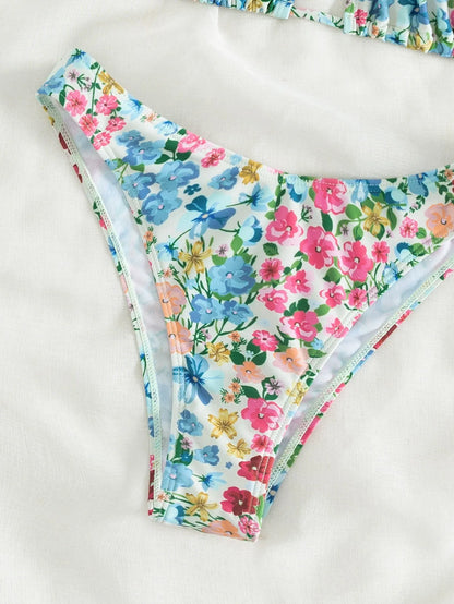 Floral Print Bandeau Bikini Set Off Shoulder Push Up Swimsuit Women Tube Top Bikinis Knot Swimwear 2024 Sexy Summer Bathing Suit