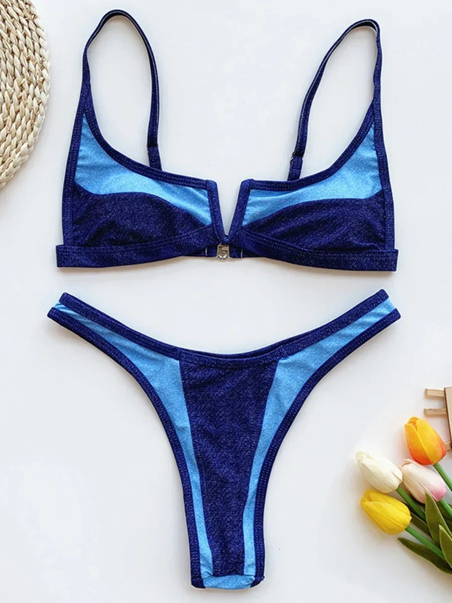 Splicing Denim V Shaped Thong Bikini Women Swimsuit Female Swimwear Two Pieces Bikini Set Bather Push Up Bathing Suit Swim Lady