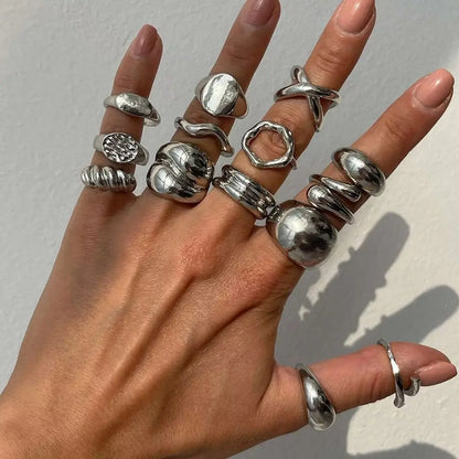PuRui 14Pcs/Set Retro Creative Silver Color Rings for Women Men Gothic Chunky Thick Hollow Rings Finger Open Adjustable Jewelry
