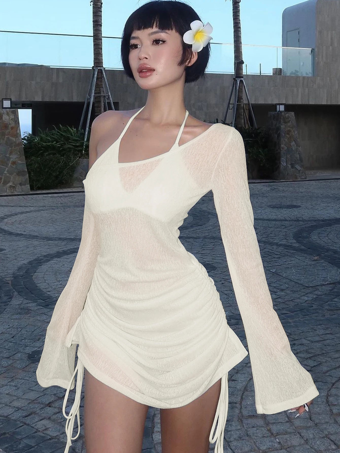 Dulzura Solid Skew Collar Ruched Straps Lace-Up See Through Draw String Mini Dress 2023 Summer  Women Party Clubwear Wholesale