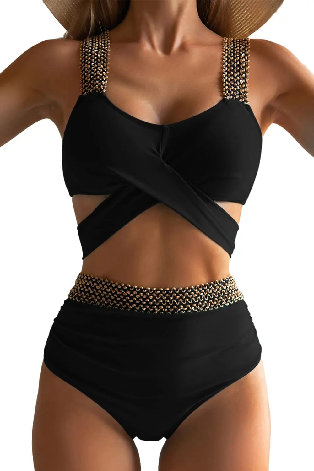 Cross High Waist Bikinis 2025 Women Black Swimwear Solid Swimsuit Female Beachwear Summer Bathers Bathing Suit Swimming