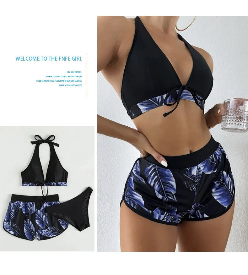 Women 2025 New Bikinis 6 Colors Sexy Halter Bikini 3 Piece Set Leafs Print High Waisted Swimsuit Beach Bathing Suit Size S-XXL