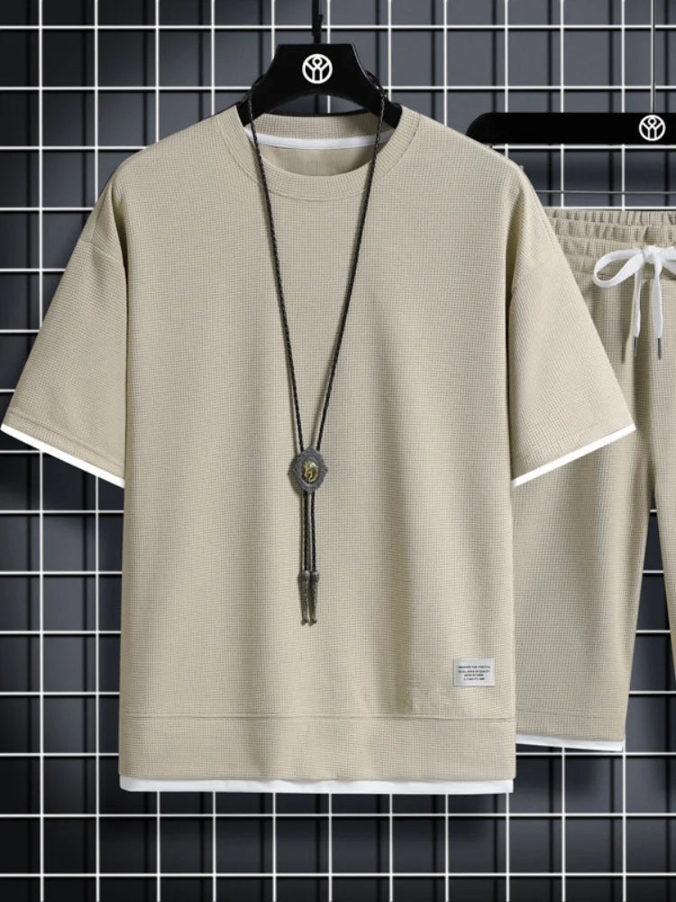 2024 new Summer Men's Waffle Sets Casual T-Shirt And Shorts Set Male Sports Suit Solid Color Tracksuit Loose Suits