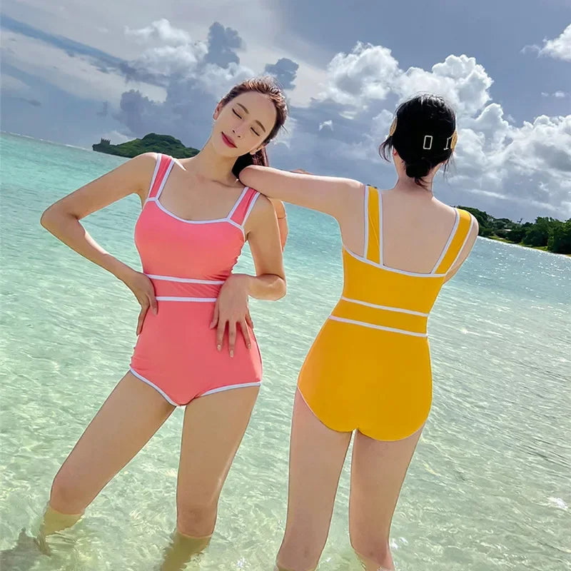 2024 Korean Fashion Swimwear Cute Candy Solid Color Strap High Waist Bandeau Bodysuit Women's Slim Bikini One Piece Swimsuit