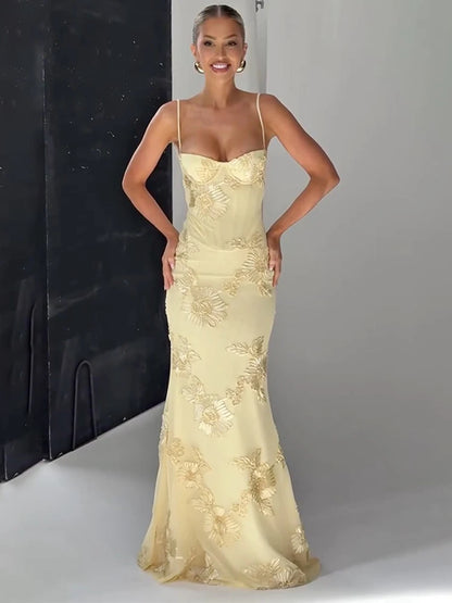 Women Elegant Printed Long Dress Chic Back Lace Up Slim Fish Tail Pendulum Sling Robes 2025 New Lady Party Club Evening Gowms