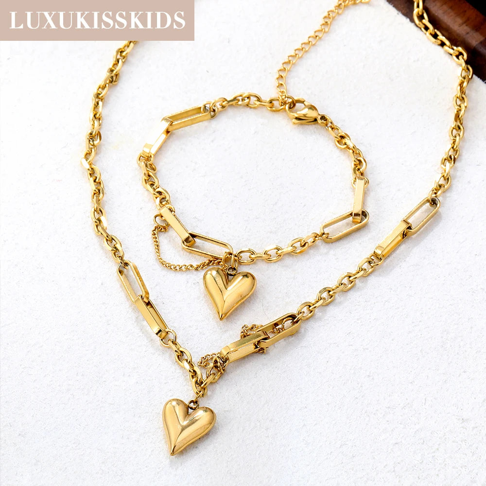 LUXUKISSKIDS Fashion Cubic Love Heart Minimalist Jewelry Set Necklace Earrings Bracelets Stainless Steel Women/Girls Accesories