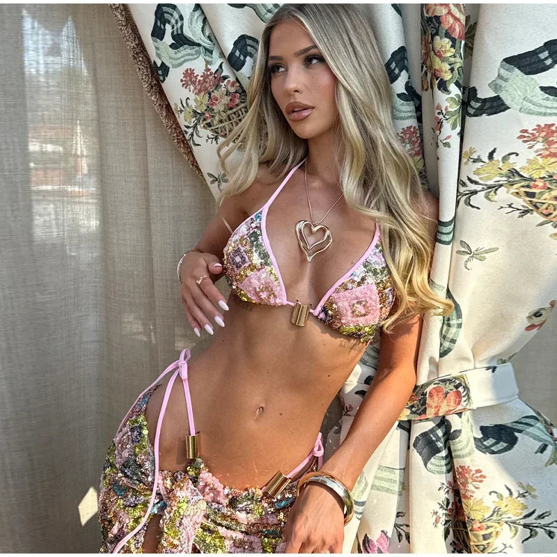 Sexy Sequin Bikini Skirt Sets Women Fashion Holiday Lace Up Top Ribbon Mini Skirts Female 2026 Summer Beach Lace Up Suits Lady