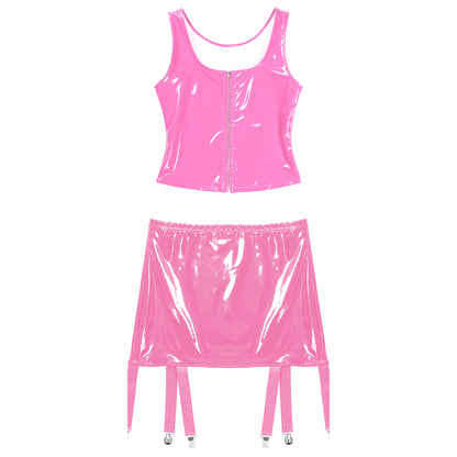 Womens Wet Look Patent Leather Lingerie Two Piece Set U Neck Zipper Tank Top with High Waist Garter Skirt Club Party Costume