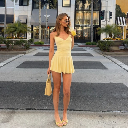 WhereMery Casual Solid Off Shoulder V-neck Slim A-line Dress Sexy Fashion Sleeveless Streetwear Mini Dresses Summer New Vestidos