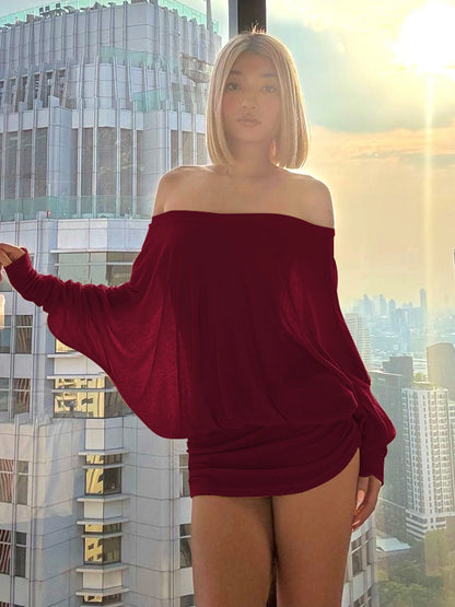 Dulzura Off Shoulder Long Sleeves Ruched Patchwork Mini Dress Women’S Sexy Elegant Casual Outfit Party Clubwear Spring Summer