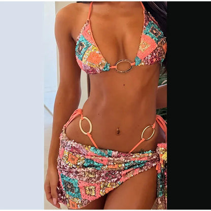 Sexy Sequin Bikini Skirt Sets Women Fashion Holiday Lace Up Top Ribbon Mini Skirts Female 2026 Summer Beach Lace Up Suits Lady