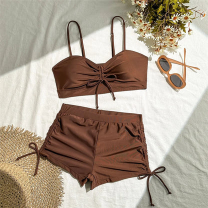 Wrinkled Knotted Shorts High Waist Bikini Female Swimsuit Women Swimwear Two-pieces Bikini set Bather Bathing Suit Swim V6197