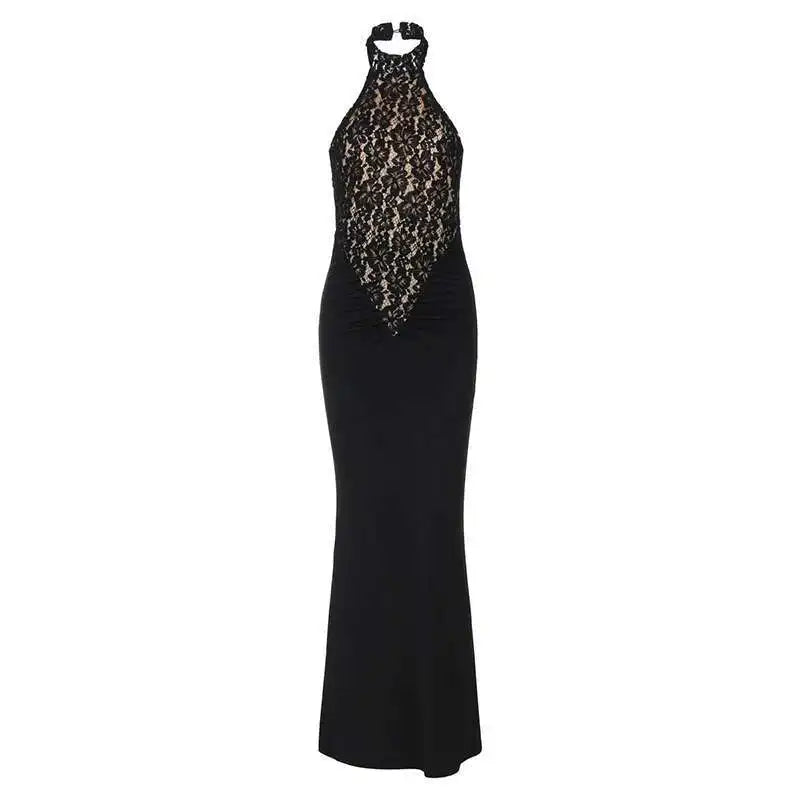 Mozision Lace Halter Backless Sexy Maxi Dress For Women Black Off-shoulder Strapless Sleeveless Bodycon Club Party Long Dress