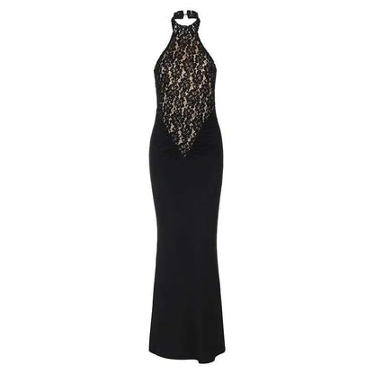 Mozision Lace Halter Backless Sexy Maxi Dress For Women Black Off-shoulder Strapless Sleeveless Bodycon Club Party Long Dress