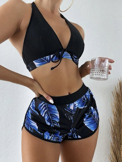 Women 2025 New Bikinis 6 Colors Sexy Halter Bikini 3 Piece Set Leafs Print High Waisted Swimsuit Beach Bathing Suit Size S-XXL