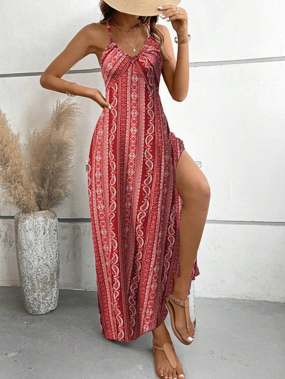 Women's Summer Ethnic Pattern Backless Split Thigh Dress Ladies Summer Clothes Boho Fashion Frill Trim Long Dress for Beach