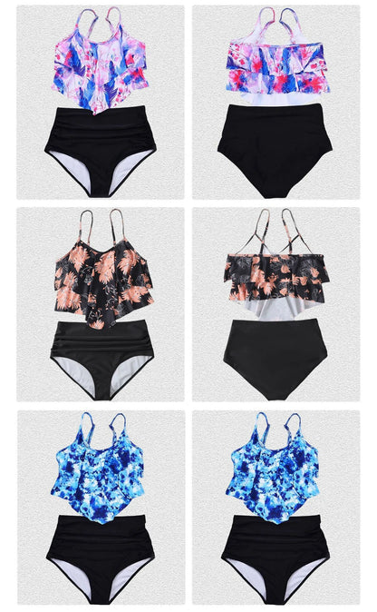 8 Colors Women Ruffled Tankini Set Padded Top With Adjustable Shoulder Straps Elastic Slim Knitted High Waisted Beachwear 2025