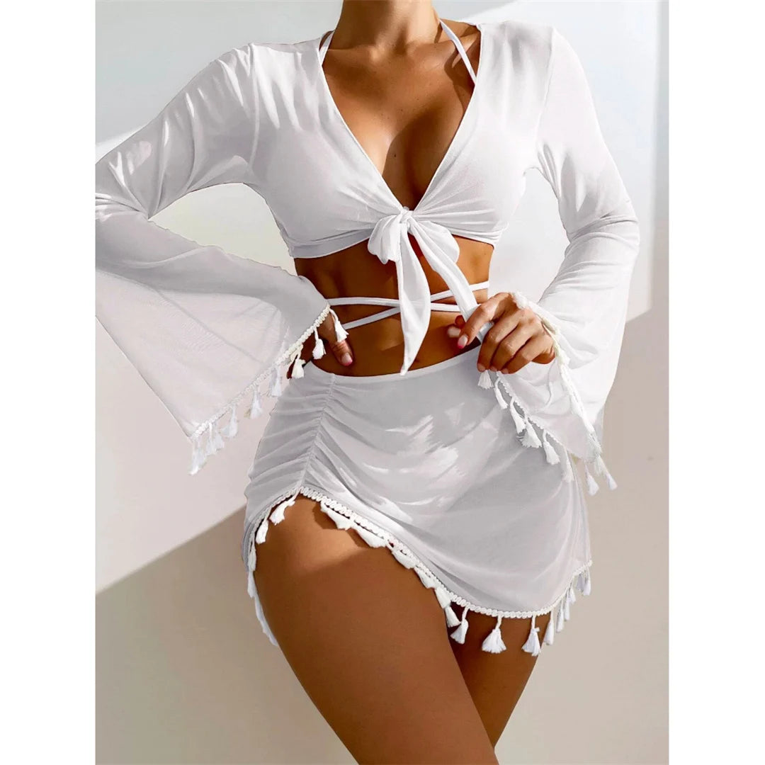 S - XL With Tassel Skirt Long Sleeve Bikini Women Swimwear Female Swimsuit Four-pieces Bikini set Bather Bathing Suit Swim V7060