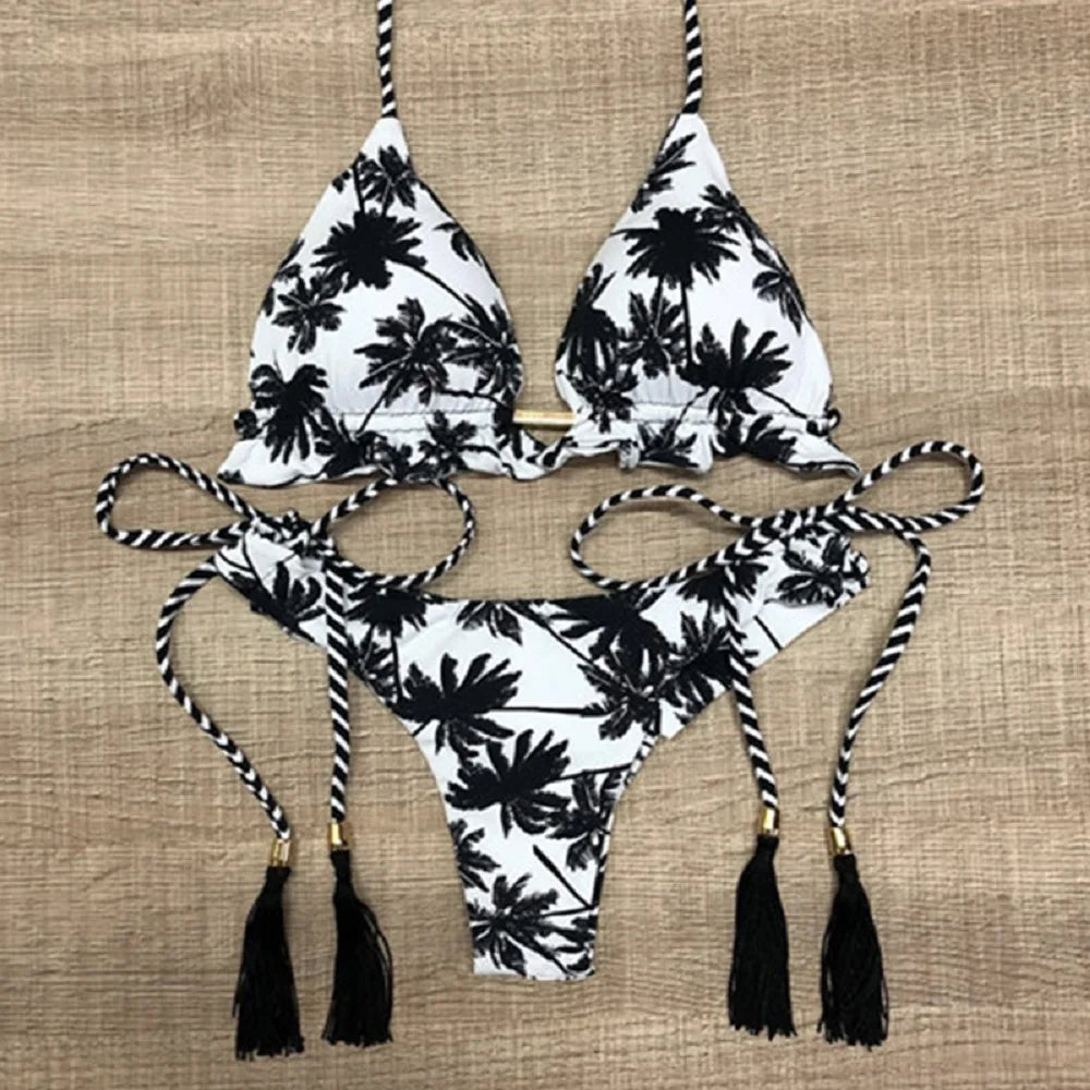 RUOTONSEPT Sexy Black And White Coconut Tree Printed Bikini Sets Women Swimsuit Triangle Halter Swimwear Bathing Suit Brazilian