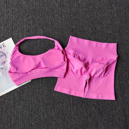 2 Pieces Yoga Suit for Women Seamless Fitness Gym Clothes Halter Sports Bra Matching Impact Shorts Workout Sets Gym Set Outfit