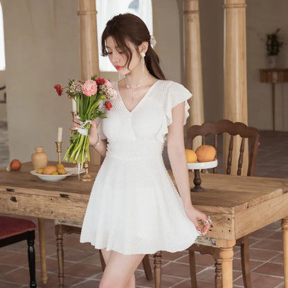 Ele Lace One-Piece Swimsuit Women's High Waist Brief Svel Slimming Thermal Bathing Suit Casual  Color Swimwear