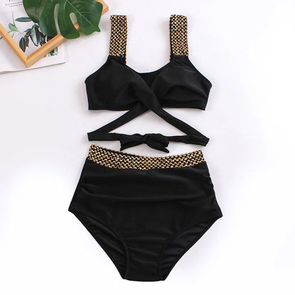Cross High Waist Bikinis 2025 Women Black Swimwear Solid Swimsuit Female Beachwear Summer Bathers Bathing Suit Swimming