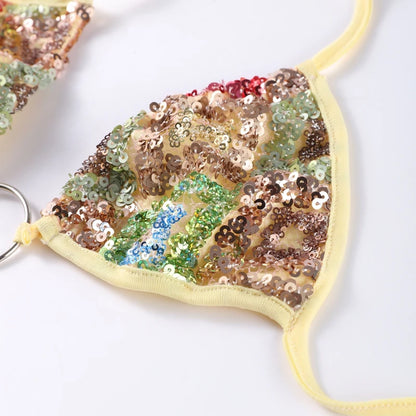 Sexy Sequin Bikini Skirt Sets Women Fashion Holiday Lace Up Top Ribbon Mini Skirts Female 2026 Summer Beach Lace Up Suits Lady