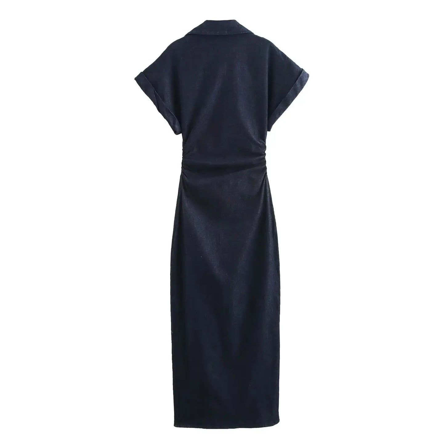 ETJ 2025  Spring New 1975 series denim MIDI dress with lapel side zipper fashion wrinkle waist slim elegant dress