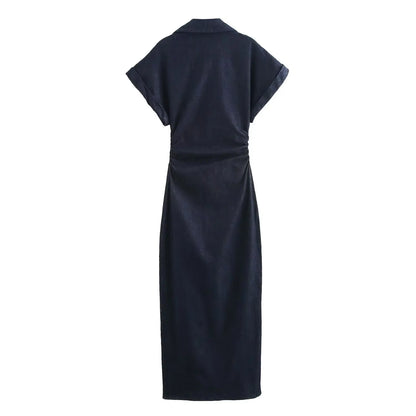 ETJ 2025  Spring New 1975 series denim MIDI dress with lapel side zipper fashion wrinkle waist slim elegant dress