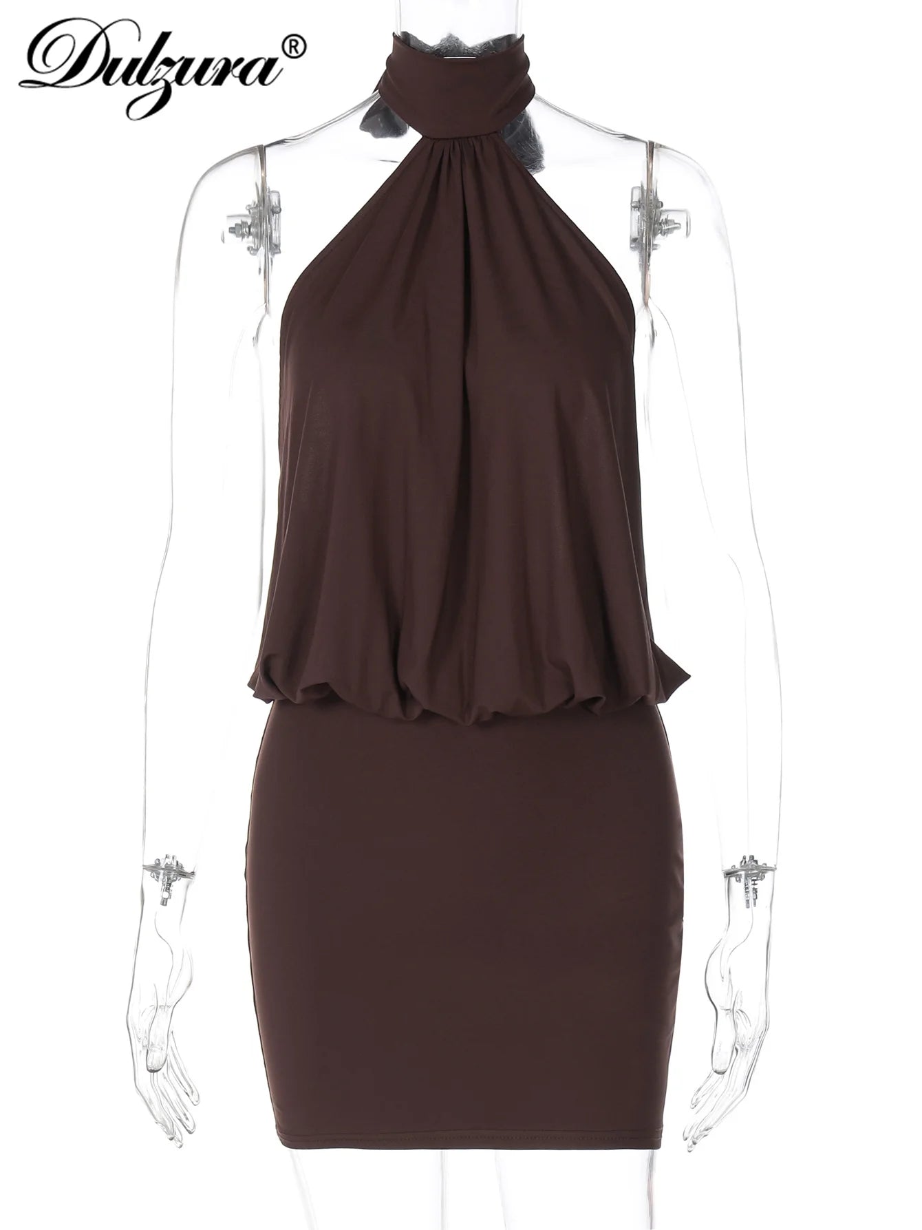 Dulzura Summer Fashion Sexy Halter Sleeveless Lace Up Backless Bodycon Mini Dress Women'S Solid Elegant Party Club Street Outfit