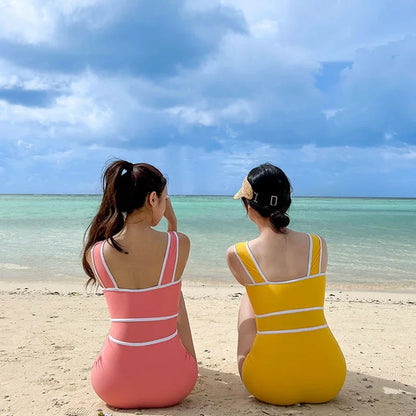 2024 Korean Fashion Swimwear Cute Candy Solid Color Strap High Waist Bandeau Bodysuit Women's Slim Bikini One Piece Swimsuit