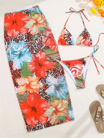 2025 New Flower Print Bikini Set Women's High Waist Long Skirt 3 Piece Swimsuit Sexy Mini Triangle Backless Thong Bathing Suit